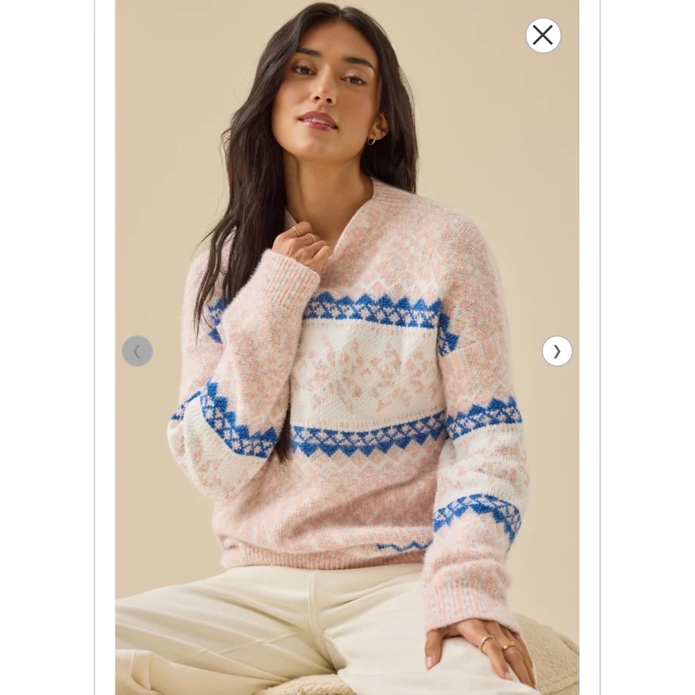 Altar'd State Womens Fair Isle Snowflake Mock Neck Sweater Peach Navy Size Small